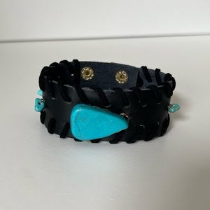Turquoise semi-precious gem stone black leather cuff bracelet 🦋
